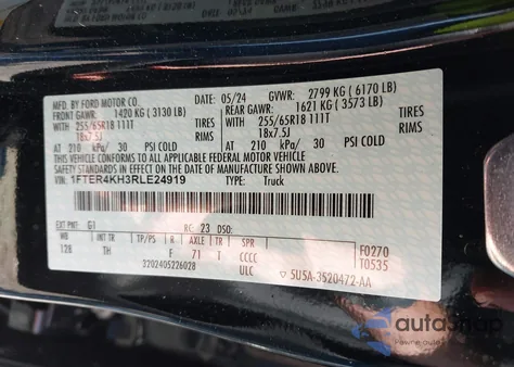 2024 Ford Ranger Lariat from USA, damaged, VIN 1FTER4KH3RLE24919